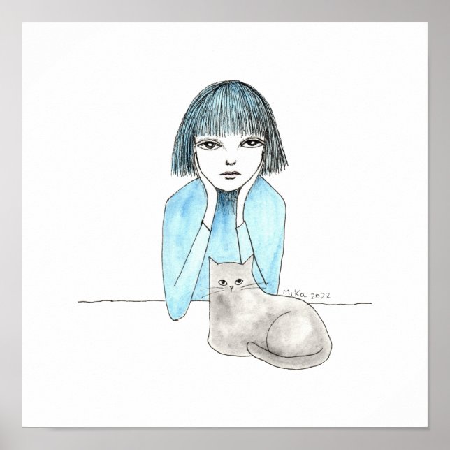Sad Girl with a black cat big eyes gloomy girl art Poster (Front)