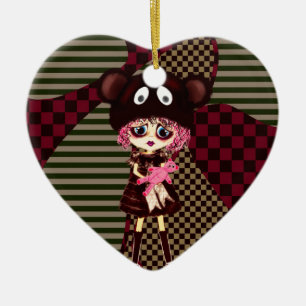 Sad Goth Girl, Kawaii chibi with teddybear Ceramic Tree Decoration