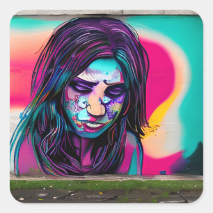 Sad Graffiti Girl   Colourful Street Art Square Sticker