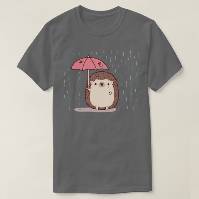 Sad Hedgehog Holding Umbrella In Rain Doodle T-Shirt (Design Front)