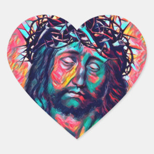 Sad Jesus Christ Face Thorn Crown Abstract art Heart Sticker