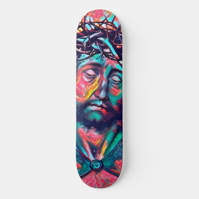 Sad Jesus Christ Face Thorn Crown Abstract art Skateboard (Front)