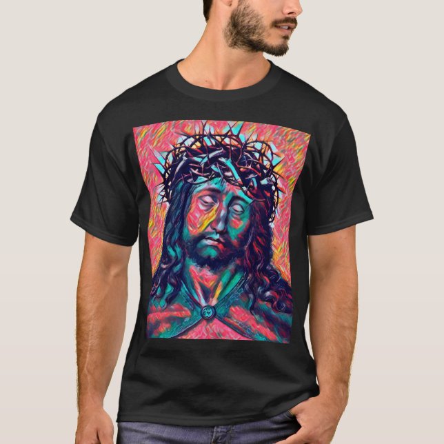 Sad Jesus Christ Face Thorn Crown Abstract art T-Shirt (Front)