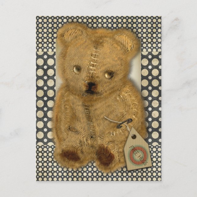 Sad Old Vintage Teddy Bear Postcard (Front)