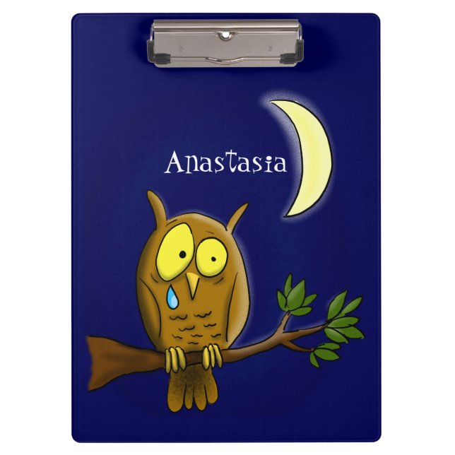 Sad owl with tear and moon missing you cartoon clipboard (Front)