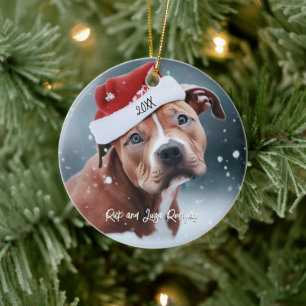 Sad Pit Bull with Santa Hat Christmas Ceramic Tree Decoration