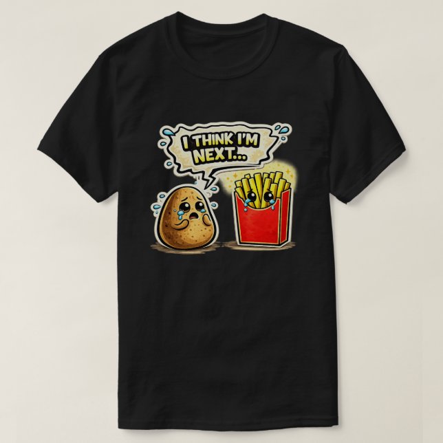 Sad Potato and Fries Funny Cartoon Art T-Shirt (Design Front)