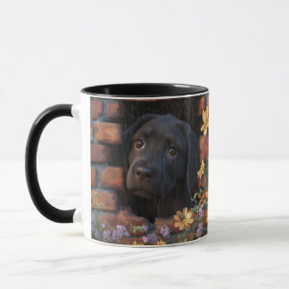 Sad Puppy in Rain and Brick Wall Design - Mug