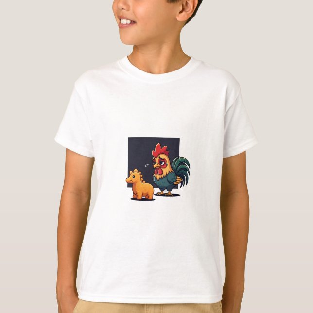 Sad Rooster and Tiny Dinosaur Kids T-Shirt (Front)
