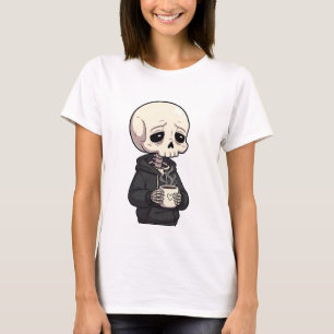 Sad Skeleton Wearing Hoodie Drinking Hot Coffee T-Shirt