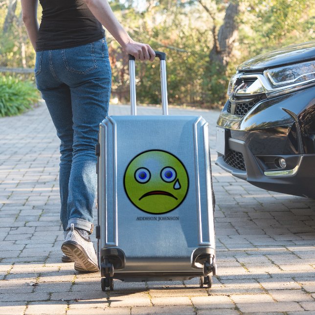 Sad Tear Face Emoji Yellow Face Add Name 14" (Suitcase Insitu)