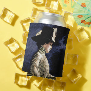 Sad Vintage Victorian Woman with Feather Hat Can Cooler