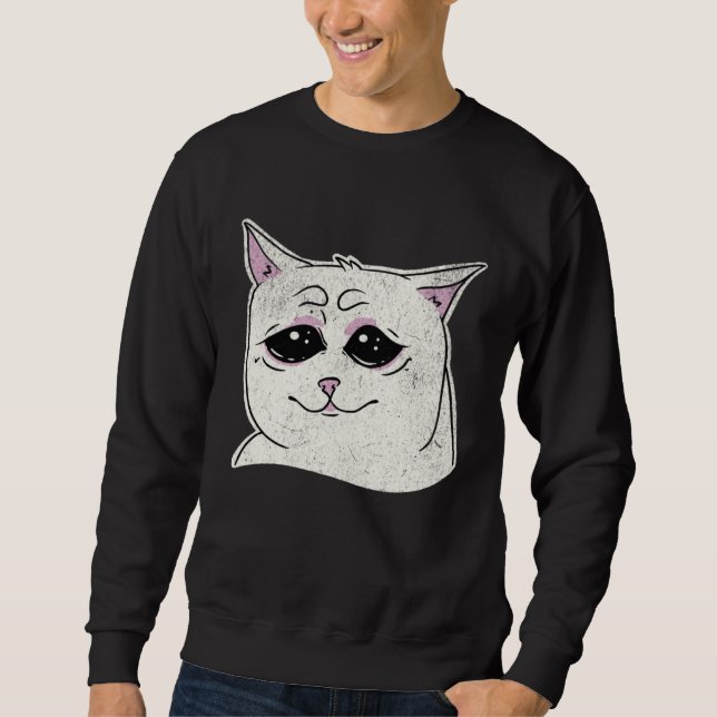 Sad White Cat Meme  Sarcastic Kitty Animal  Retro Sweatshirt (Front)