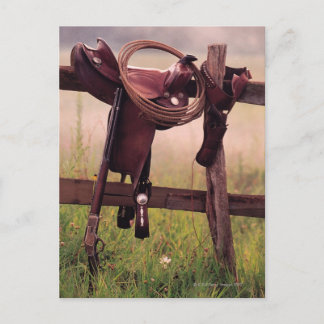 Saddle and Lasso on Fence Postcard