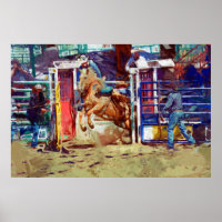 Saddle Bronc Breaking Out of Rodeo Chute w Cowboy