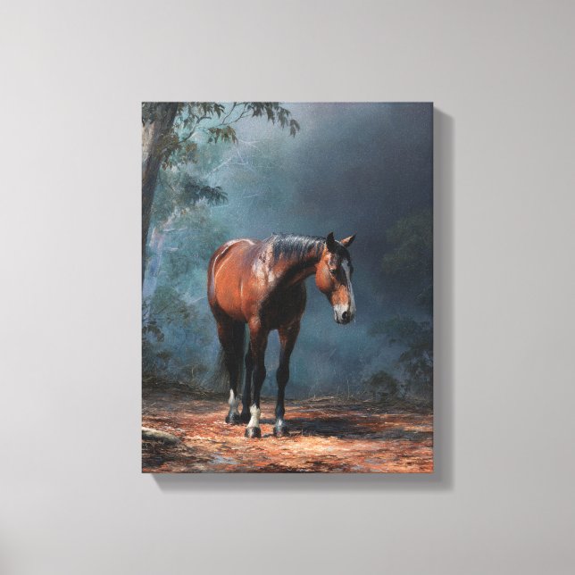 Saddle Horse Misty Forest Trail Art Canvas Print (Front)