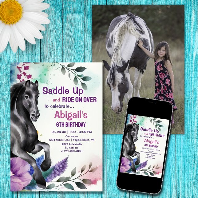 Saddle Up Black Horse and Flowers PHOTO Birthday Invitation (Creator Uploaded)