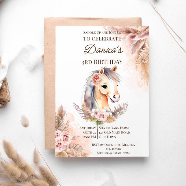 Saddle up horse cowgirl horses pony birthday party invitation (Saddle up horses cowgirl birthday party template invitation instant download boho pampas grass)
