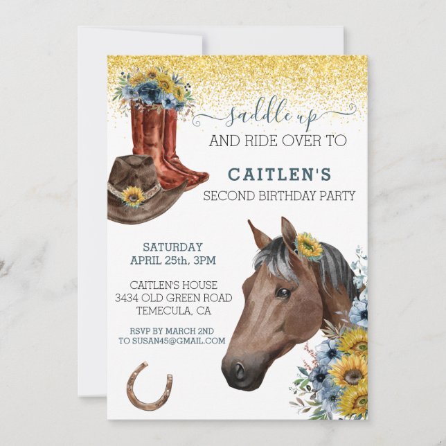 Saddle Up Horse Lover Sunflower Birthday   Invitation (Front)