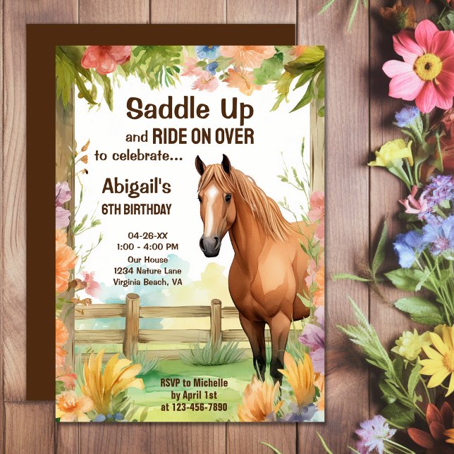 Saddle Up Pretty Horse and Flowers Birthday Invitation (Saddle Up Pretty Horse and Flowers Birthday Invitation)