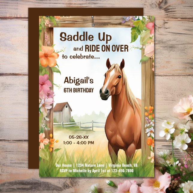 Saddle Up Pretty Horse and Flowers Birthday Invitation (Saddle Up Pretty Horse and Flowers Birthday Invitation)