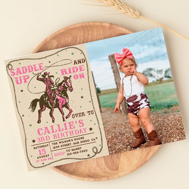 Saddle Up Rodeo Western Cowgirl Birthday Photo Invitation (Creator Uploaded)