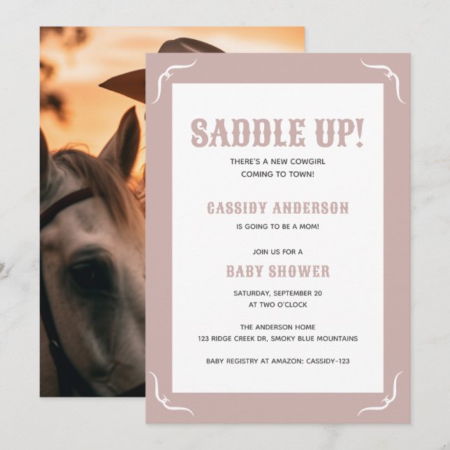 Saddle Up Soft Pink Cowgirl Western Baby Shower Invitation (Front/Back)