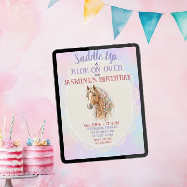 Saddle Up, Watercolor, Floral, Horse Birthday Invitation (Creator Uploaded)