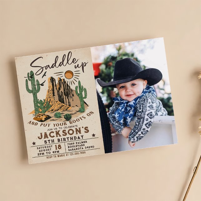 Saddle Up Western Rodeo Cowboy Birthday Photo Invitation (Creator Uploaded)