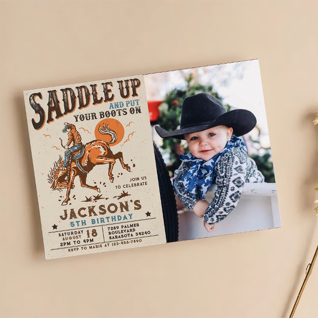Saddle Up Western Rodeo Cowboy Birthday Photo Invitation (Creator Uploaded)