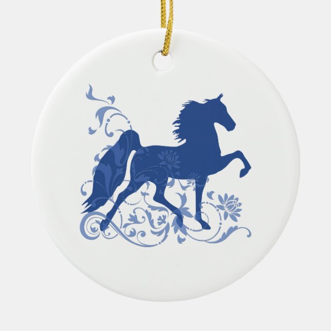 Saddlebred Five Gait Floral Blue Ceramic Tree Decoration (Front)
