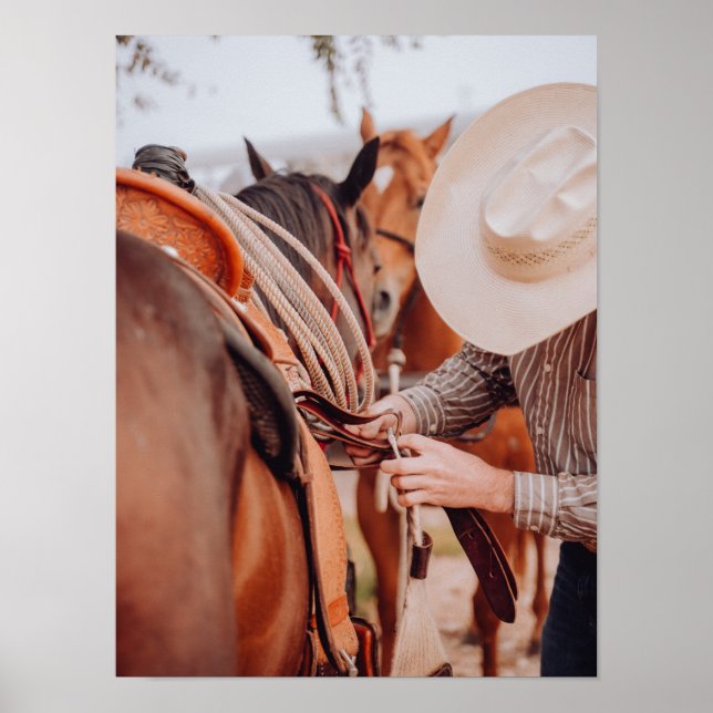 Saddling a Brown Horse Straw Cowboy Hat Poster (Front)
