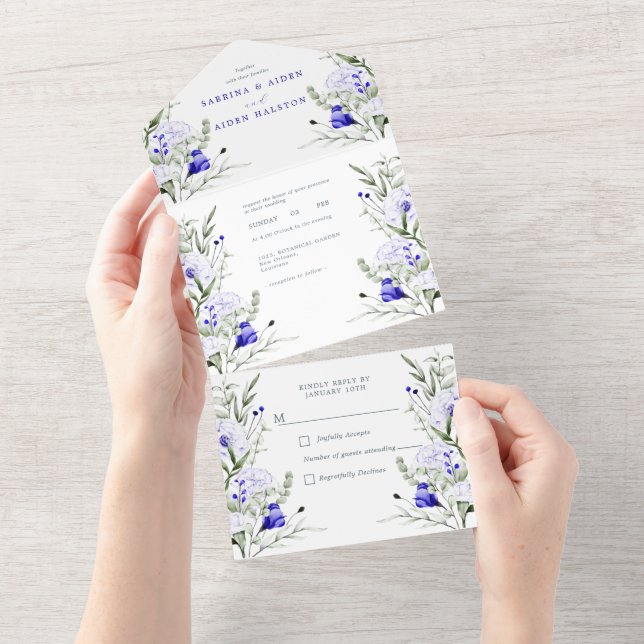 Sade Of Royal Blue Ivory Floral Wedding All In One Invitation (Tearaway)