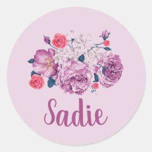 Sadie Name Floral Custom Vintage Flower Pink Girl Classic Round Sticker