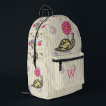Sadie the Snail Printed Backpack<br><div class="desc">Sadie the paisley snail smiles as she scoots along in her striped shell under her favourite pink flowers. A pattern of vines and funky circles sits on a pale cream base to create a cute backdrop for the scene. Customise the initial on the front pouch of this backpack with your...</div>