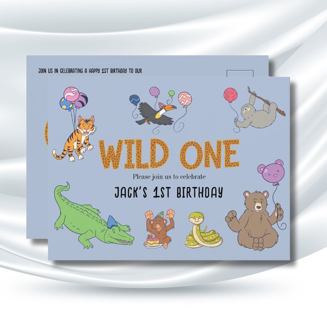 Safari 1st Birthday Invitations Wild One Animals (Wild One 1st Birthday Jungle Safari animals invitation in blue.)