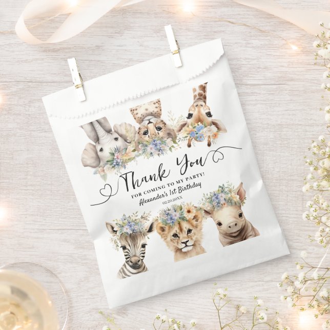 Safari 1st Birthday Junle Animals Boy Thank You Favour Bags (Clipped)