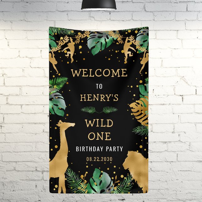 Safari 1st Birthday Party Green Gold Black Welcome Banner (Creator Uploaded)