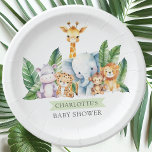 Safari Adventure Baby Shower Paper Plate<br><div class="desc">This safari adventure baby shower design showcases charming jungle animals including a hippo, giraffe, elephant, lion, monkey & tiger. Perfect for celebrating the arrival of a new bundle of joy. The vibrant colours and cute animal illustrations create a whimsical and playful atmosphere, setting the tone for a fun and memorable...</div>