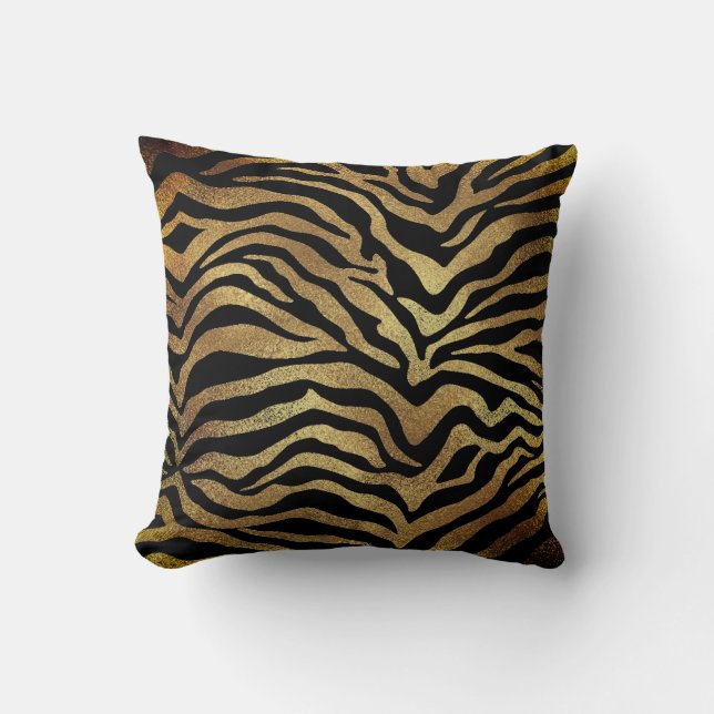 Safari African Gold Glam Zebra Animal Skin Black Cushion (Front)