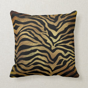 Safari African Gold Glam Zebra Animal Skin Black Cushion