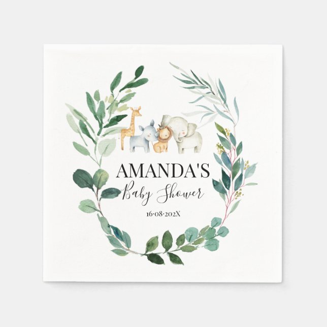 Safari And Foliage Wreath Baby Shower Napkins (Front)