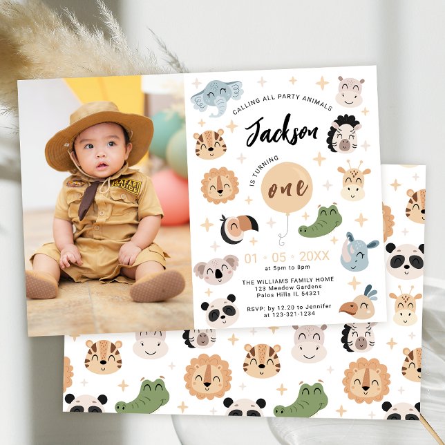 Safari animal 1st birthday boy photo invitation (Creator Uploaded)