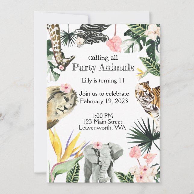 Safari Animal Birthday Party Invitation (Front)