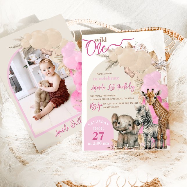 Safari animal Boho Balloon girl 1st Birthday Photo Invitation (Creator Uploaded)