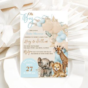 Safari Animal Boho Blue Balloon Boy Baby Shower Invitation