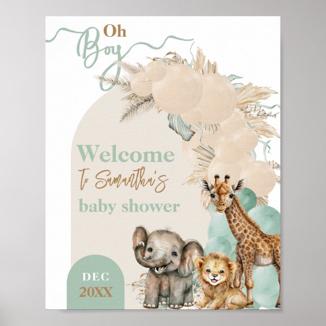 Safari animal Boho Oh Boy Baby Shower Welcome Poster (Front)