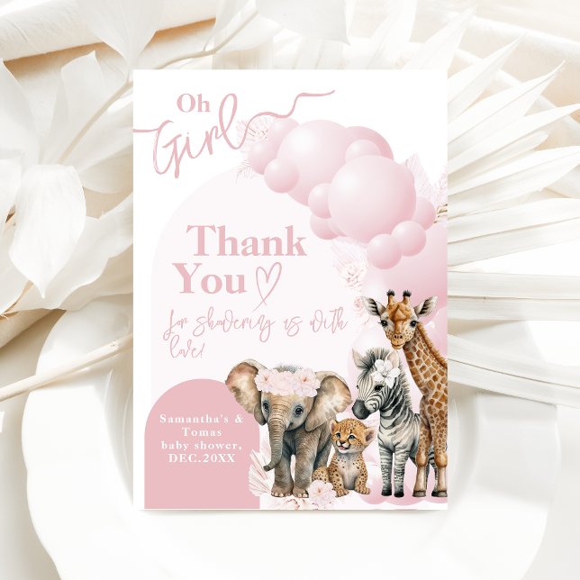 Safari animal Boho Oh Girl Baby Shower Thank You Card (Creator Uploaded)