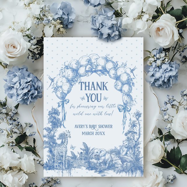 Safari Animal Dusty Blue Toile Baby Boy Shower Thank You Card (Creator Uploaded)