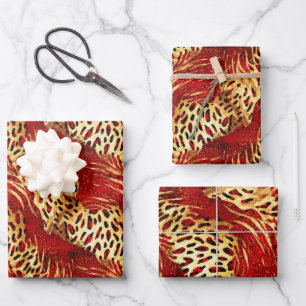 Safari Animal Fur Prints Patterns Red and Gold Wrapping Paper Sheet